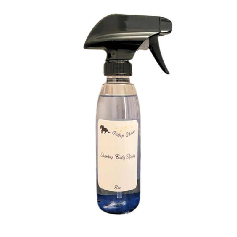 Shimmer Spray for horses. A trigger spray bottle with fine blue glitter powder
