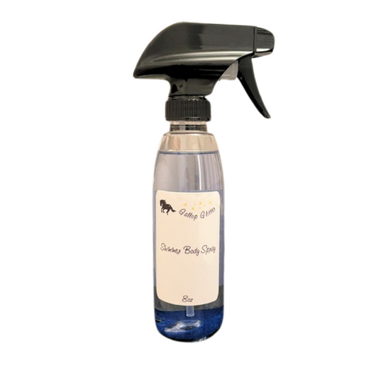 Shimmer Spray for horses. A trigger spray bottle with fine blue glitter powder