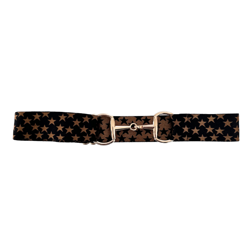 Black and Gold Stars Equestrian Belt With Gold Snaffle Bit Belt Buckle