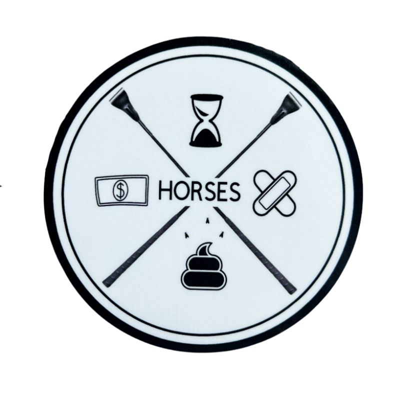 Round black and white funny horse sticker