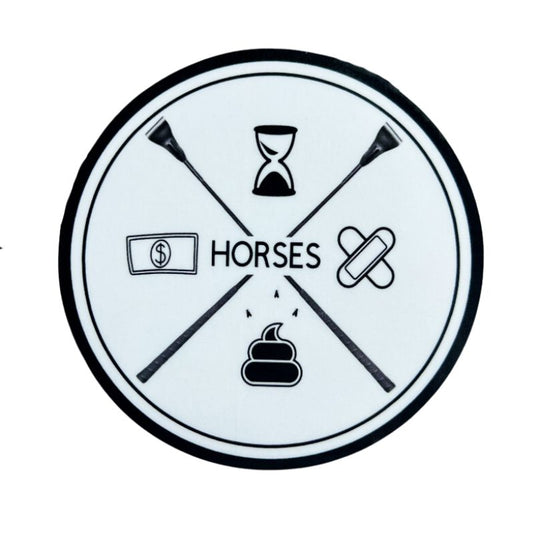 Round black and white funny horse sticker