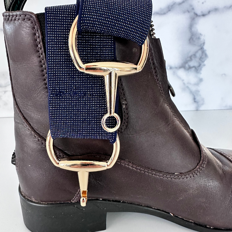 Navy Blue Jacquard Equestrian Belt with Gold Snaffle Bit Buckle
