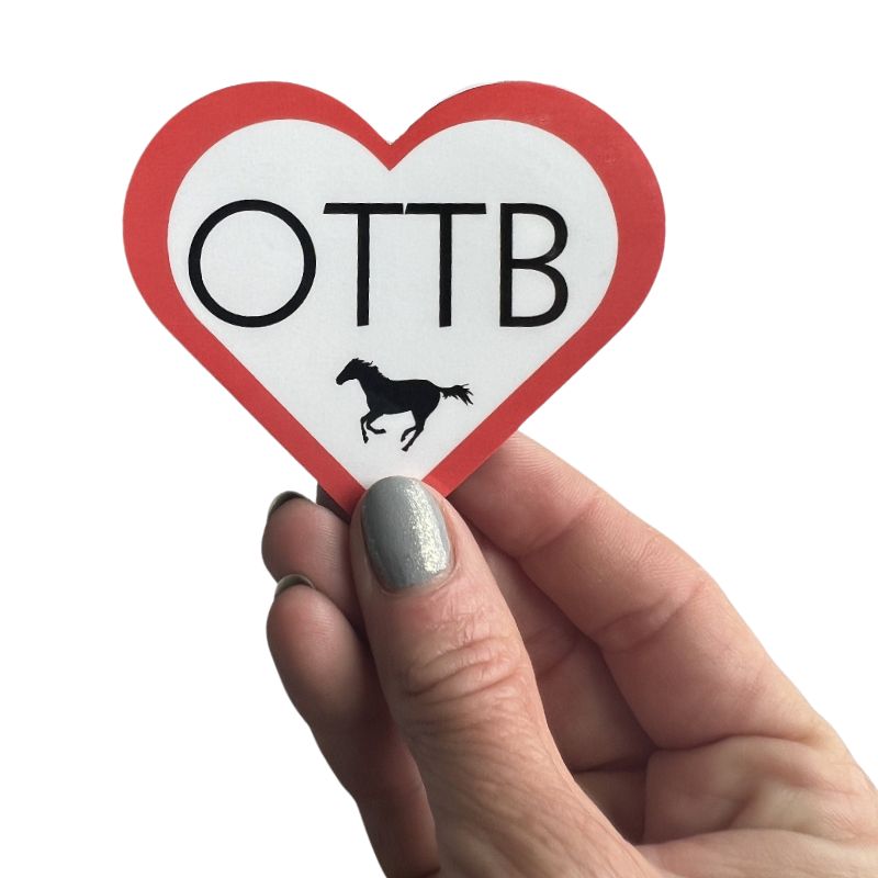 OTTB Into My Heart Horse Sticker in hand for scale