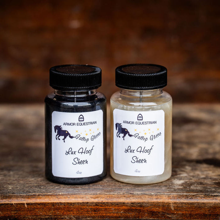 Two jars of Armor Equestrian Hoof Care product on a wooden surface with a blurred background.