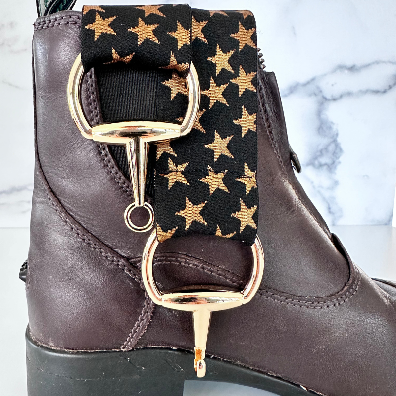 Black and Gold Stars Equestrian Belt With Gold Snaffle Bit Belt Buckle