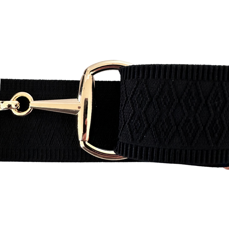 Black Jacquard Equestrian Belt With Gold Snaffle Bit Buckle