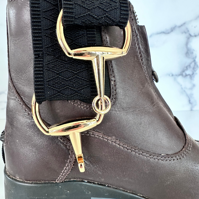 Black Jacquard Equestrian Belt With Gold Snaffle Bit Buckle