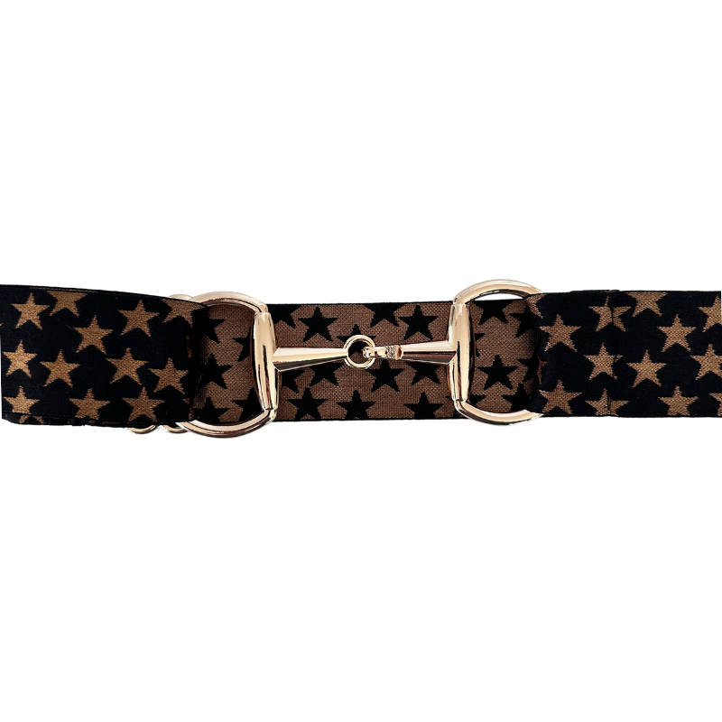 Black and Gold Stars Equestrian Belt With Gold Snaffle Bit Belt Buckle