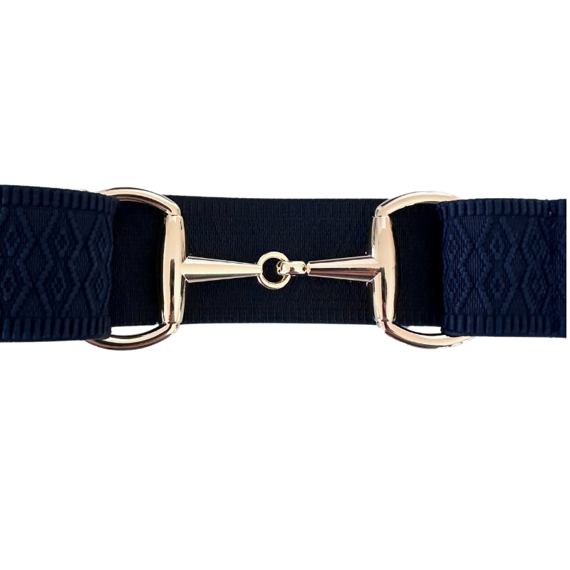 Navy Blue Jacquard Equestrian Belt with Gold Snaffle Bit Buckle