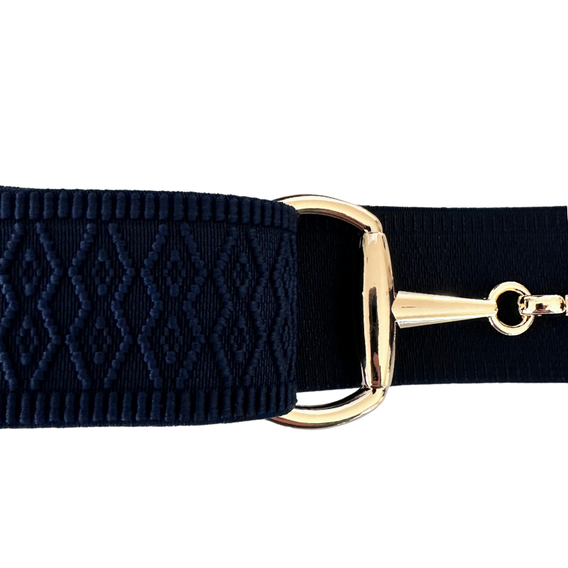 Navy Blue Jacquard Equestrian Belt with Gold Snaffle Bit Buckle