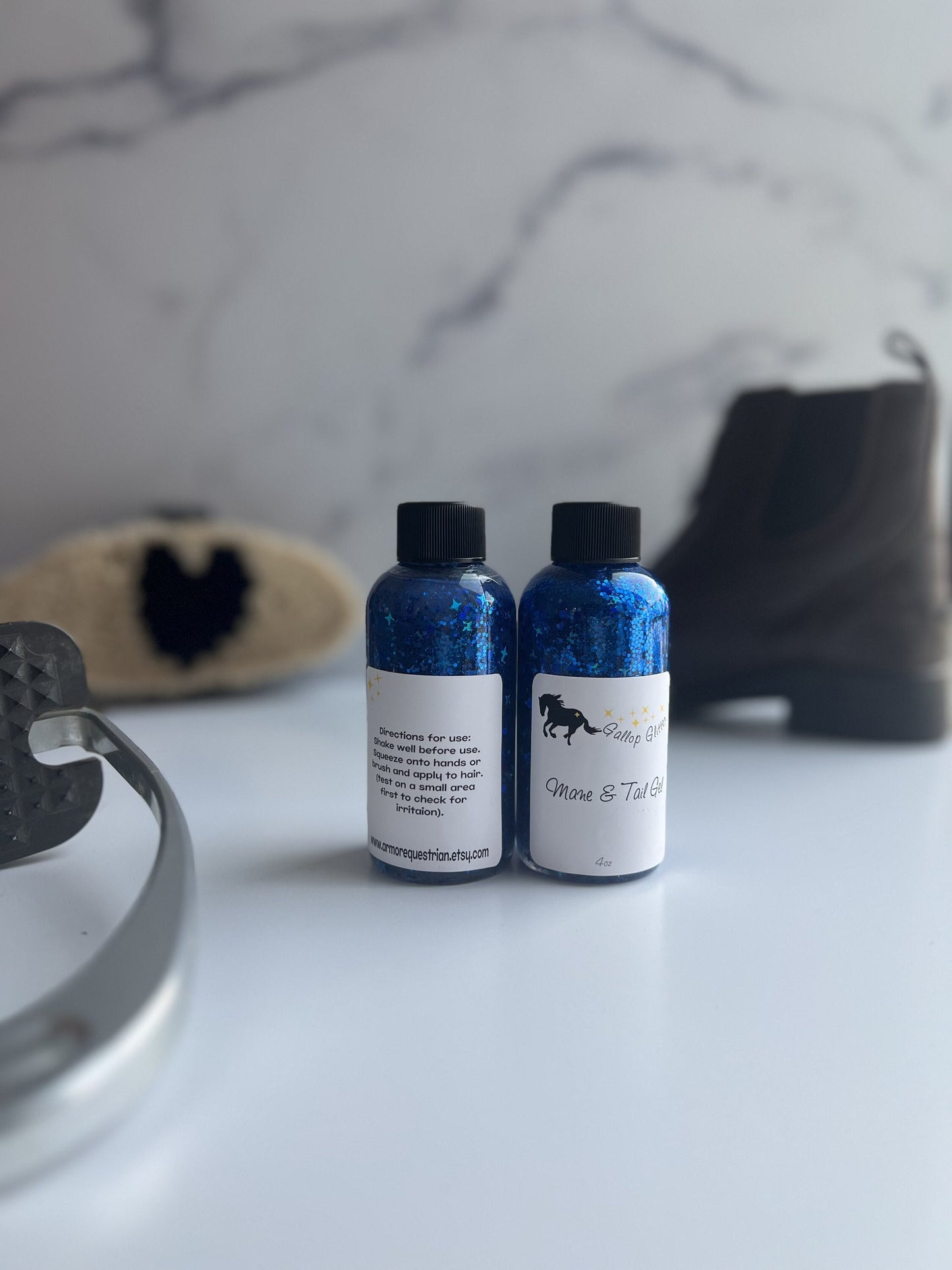 Gallop Glitter Blue Mane and Tail Gel - front and back labels