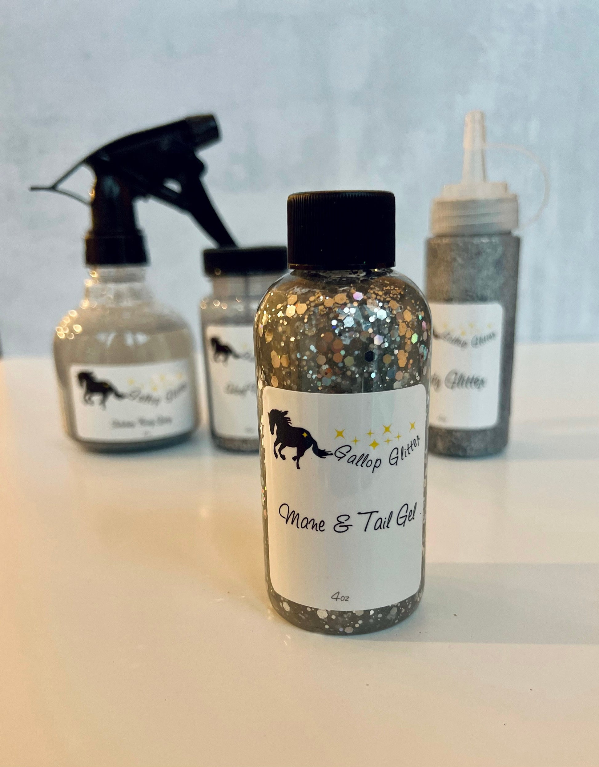 Silver Gallop Glitter set with Mane and Tail Gel in foreground