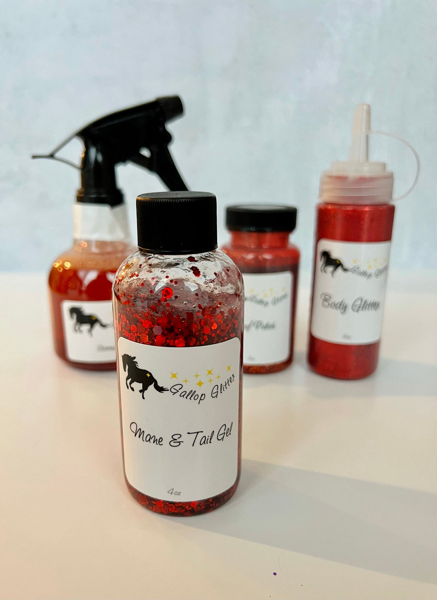 Red Gallop Glitter Set with Mane and Tail Gel in the foreground