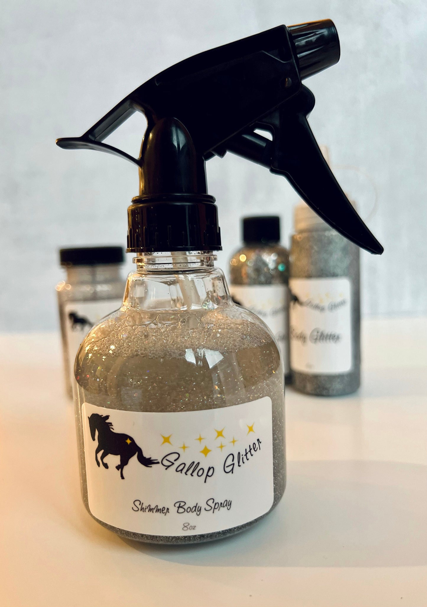 Silver Gallop Glitter Set with Shimmer Spray in foreground