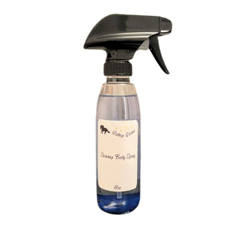 Shimmer Spray for horses. A trigger spray bottle with fine blue glitter powder 