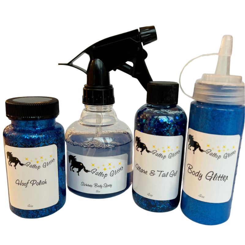 Blue Gallop Glitter Set of 4 including Hoof Polish, Shimmer Body Spray, Mane and Tail Gel and Body Glitter