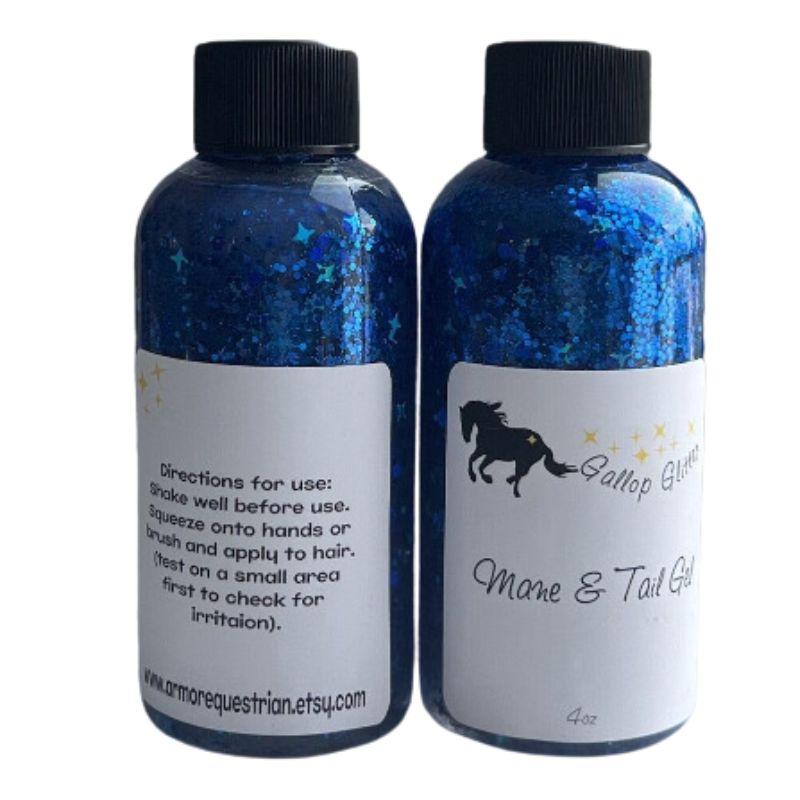 Gallop Glitter Blue Mane and Tail Gel front and back labels