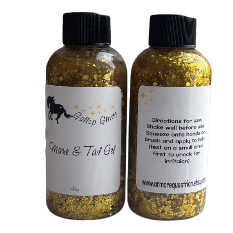 Bottles of Gallop Glitter Gold Mane and Tail Gel - front and back labels