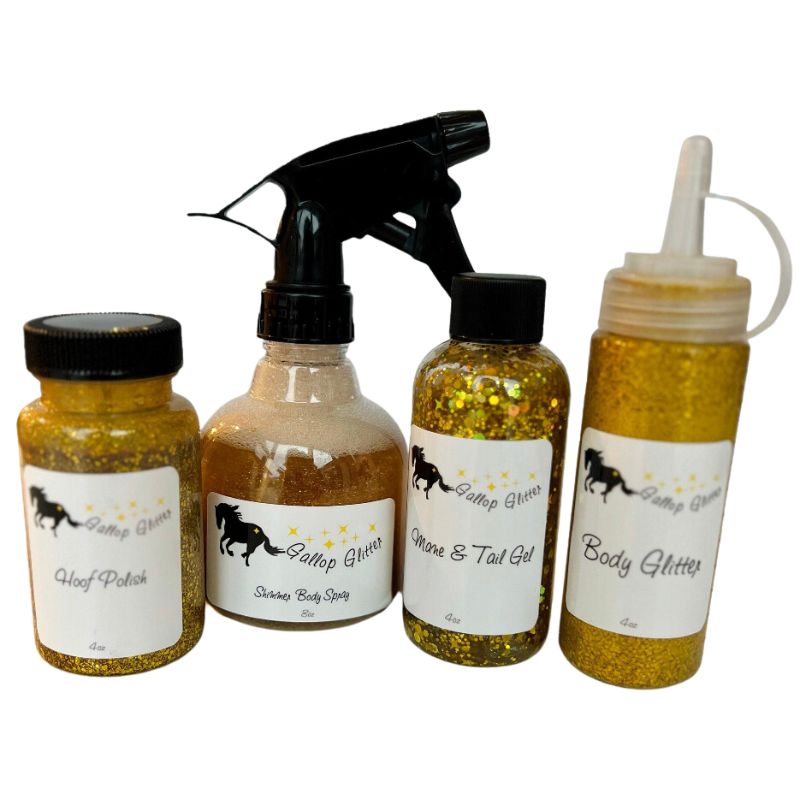 Set of Gallop Glitter in Gold includes hoof polish, shimmer spray, mane and tail gel and body glitter