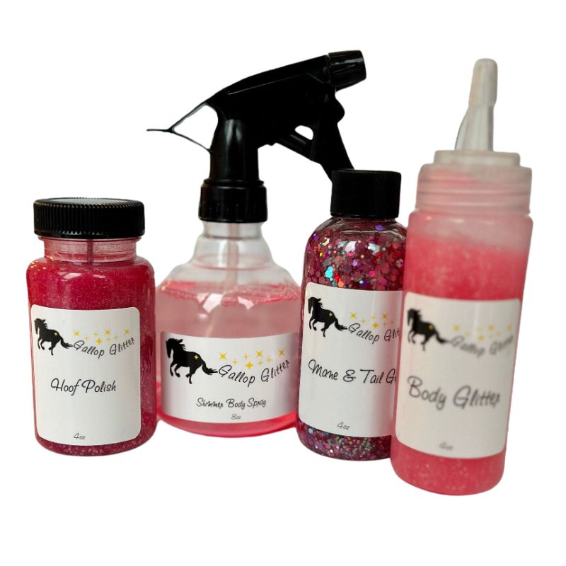 Pink Gallop Glitter Set of 4 including Hoof Polish, Shimmer Body Spray, Mane and Tail Gel and Body Glitter