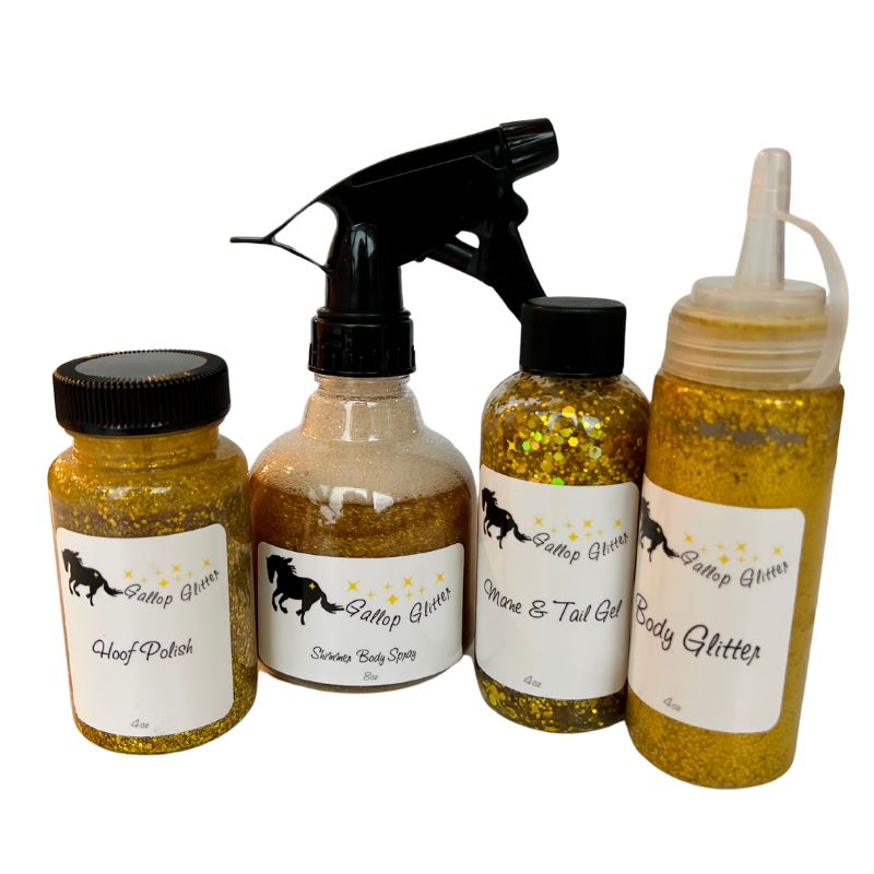 Gold glitter set for horses includes mane and tail gel, shimmer spray, body glitter and hoof polish