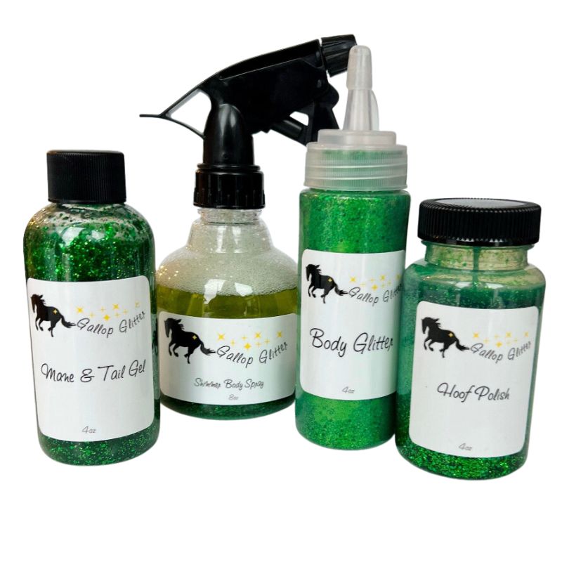 Green Gallop Glitter for Horses Set of 4 including Mane and Tail Gel, Shimmer Body Spray, Body Glitter and Hoof Polish