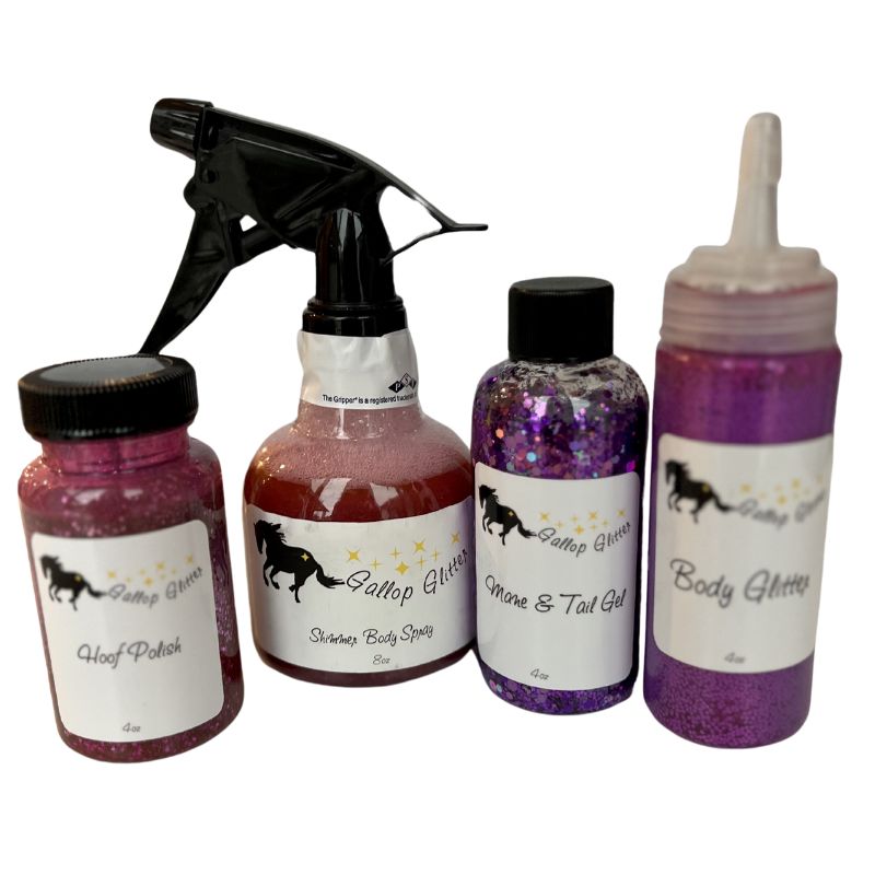 Purple Gallop Glitter Set of 4 including Hoof Polish, Shimmer Body Spray, Mane and Tail Gel and Body Gel