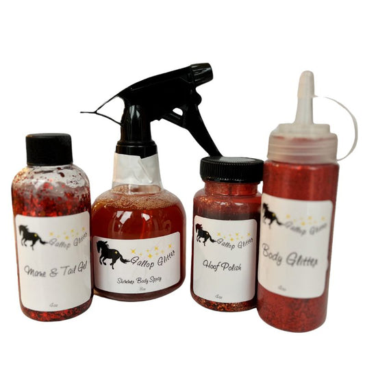 Red Gallop Glitter Set of 4 including Mane and Tail Gel, Shimmer Body Spray, Hoof Polish and Body Glitter