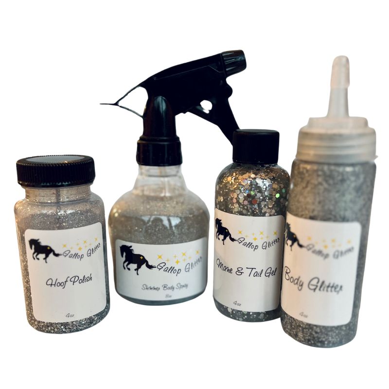 Gallop Glitter Set of 4 including Hoof Polish, Shimmer Body Spray, Mane and Tail Gel, and Body Glitter