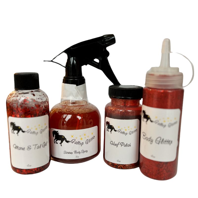 Red Gallop Glitter Set including Mane and Tail Gel, Shimmer Body Spray, Hoof Polish and Body Glitter