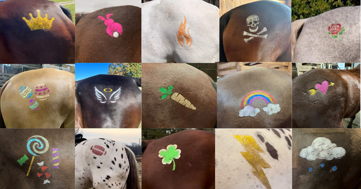 Variety of Gallop Glitter Stencil Kits on horses