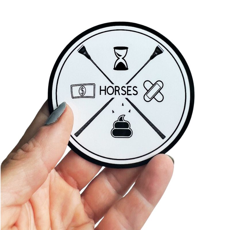 Round black and white funny equestrian horse sticker