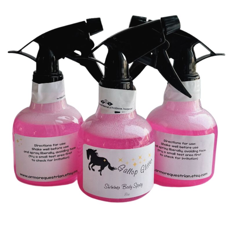 Bottles of Pink Gallop Glitter Shimmer Body Spray showing front and back labels