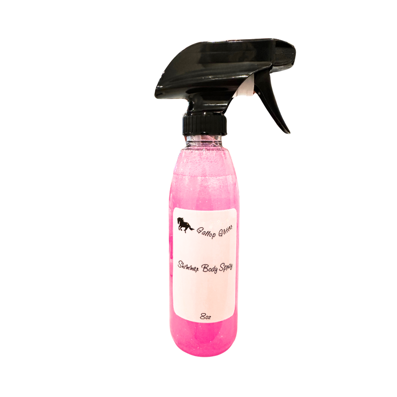 Bottle of Gallop Glitter Shimmer Body Spray in pink