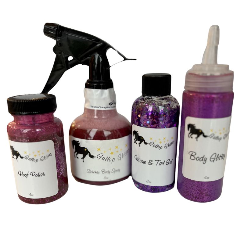 Purple Gallop Glitter Set of 4 including Hoof Polish, Shimmer Body Spray, Mane and Tail Gel and Body Glitter