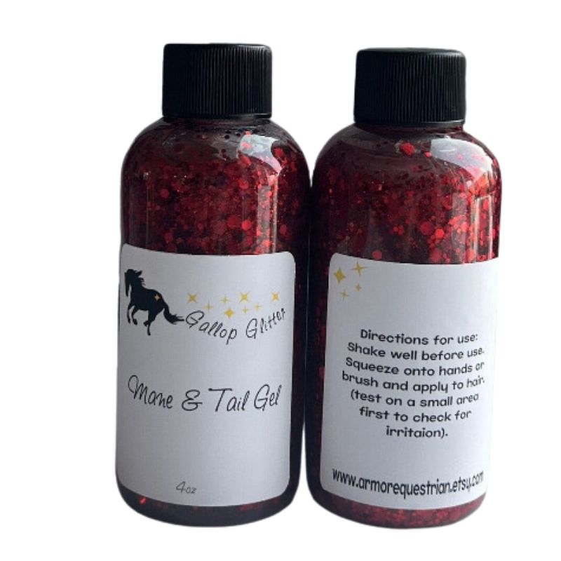 Red Gallop Glitter Mane and Tail Gel - front and back labels