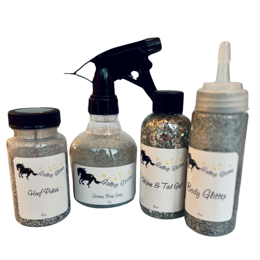 Silver Gallop Glitter for Horses Set of 4 including Hoof Polish, Shimmer Body Spray, Mane and Tail Gel and Body Glitter