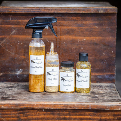 Set of skincare products on a wooden surface with a dark background