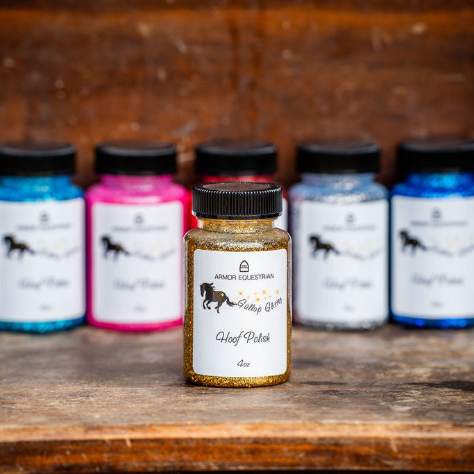 Collection of horse care products on a wooden surface with a rustic background