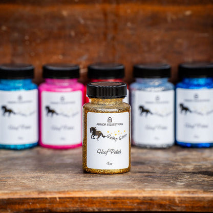 Collection of horse care products on a wooden surface with a rustic background