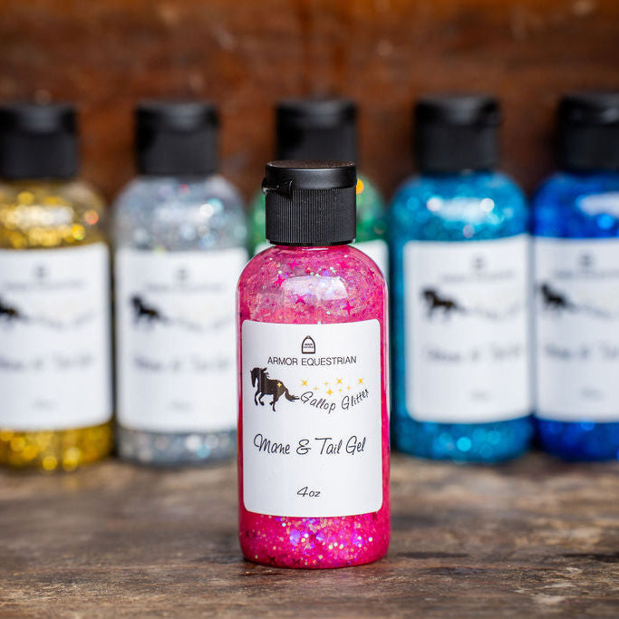 Colorful bottles of horse care products on a wooden surface