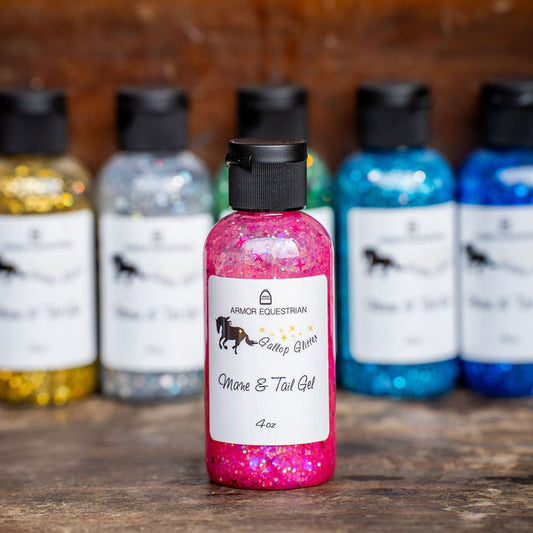 Colorful bottles of horse care products on a wooden surface