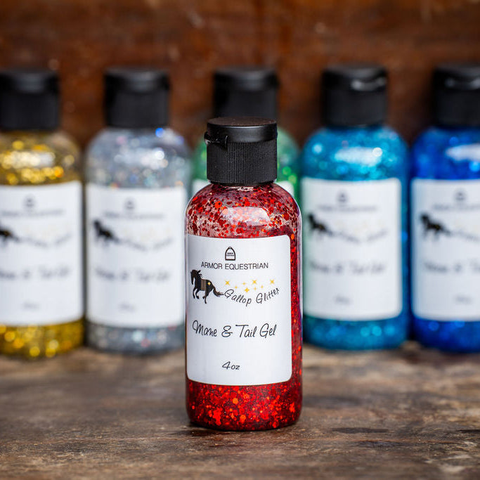 Assorted bottles of horse grooming products on a wooden surface