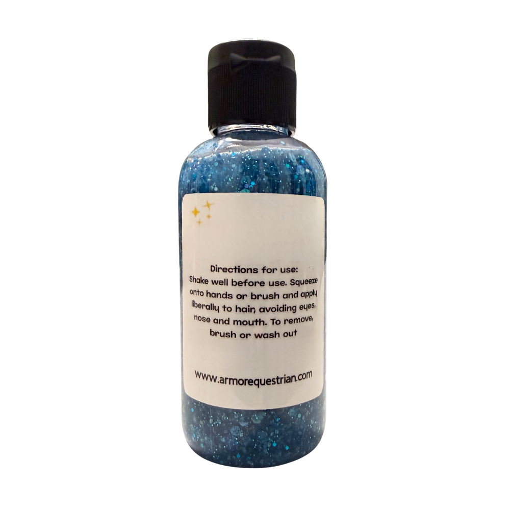 Bottle of blue glittery product with a label on a white background