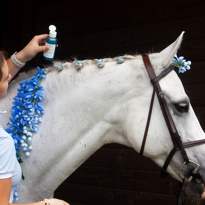 Person holding a bottle above a white horse decorated with blue flowers against a dark background