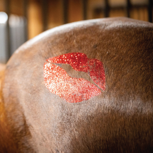 Red glittery lip design on a horse's hair.
