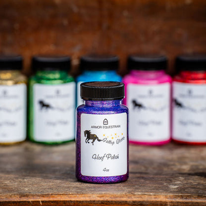 Bottle of hoof polish with a row of colorful bottles in the background on a wooden surface.