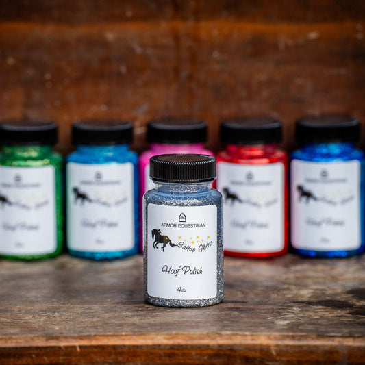 Collection of horse care products on a wooden shelf