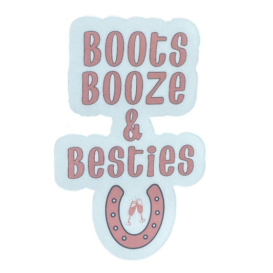 equestrian horse sticker that says boots booze & besties with clinking glasses and horseshoe