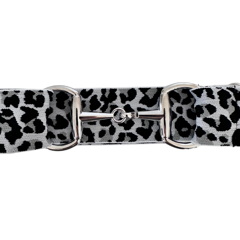 Black and Gray Leopard Equestrian Belt with Silver Snaffle Bit Buckle